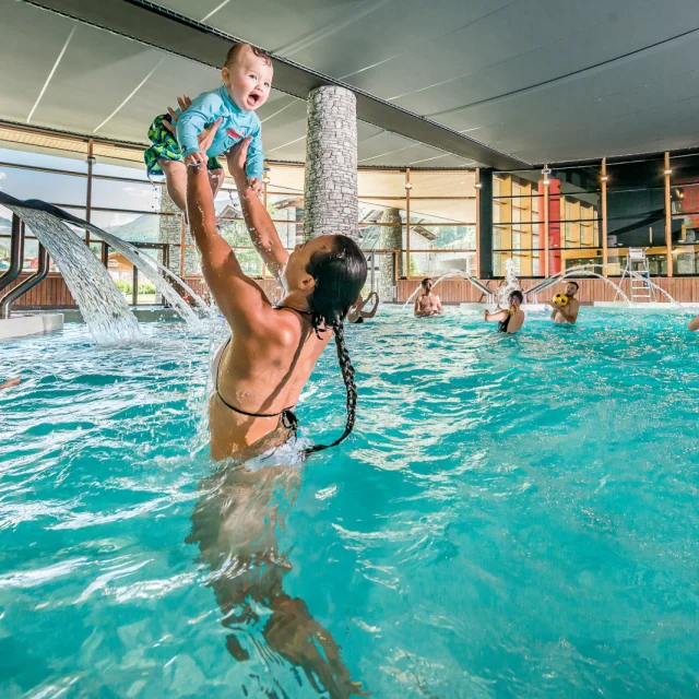 Mom and baby at the Centre Aquasportif in Val d'Isère