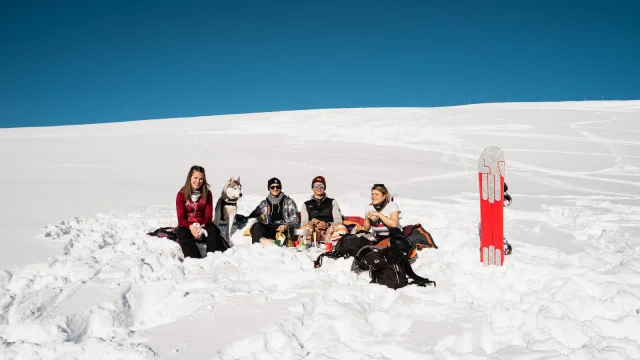 Bunch of buddies at the top of the lifts in Val d'Isère