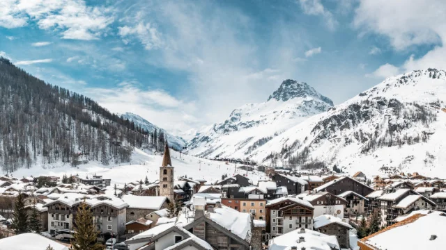 Magnificent view of Val d'Isère village in winter sunshine