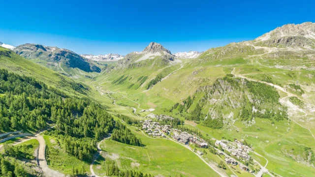 Aerial view of Val d'Isère village in summer