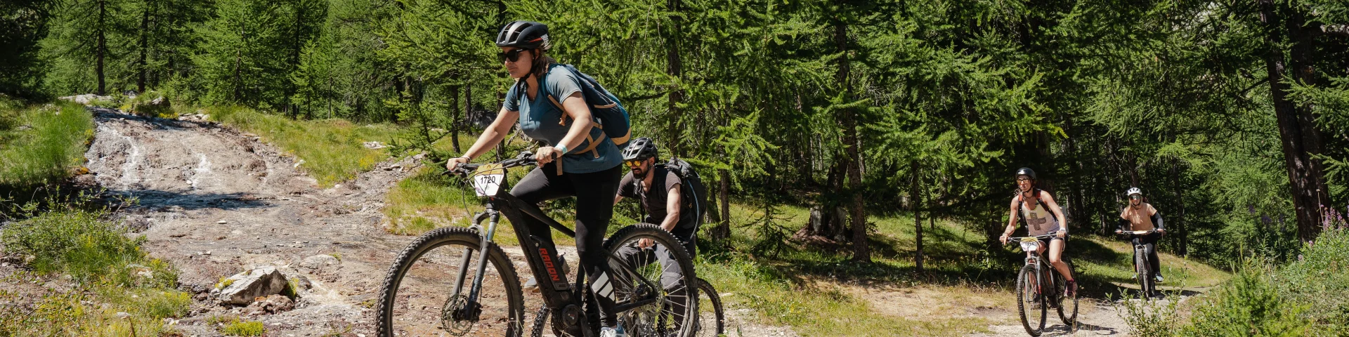 VTTAE / E-Bike with a group of friends at the source in summer in Val d'Isère
