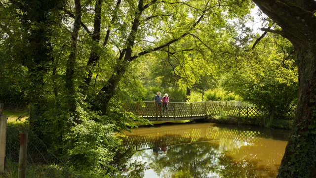 2 promeneurs sur un pont au Domaine des Mésangères