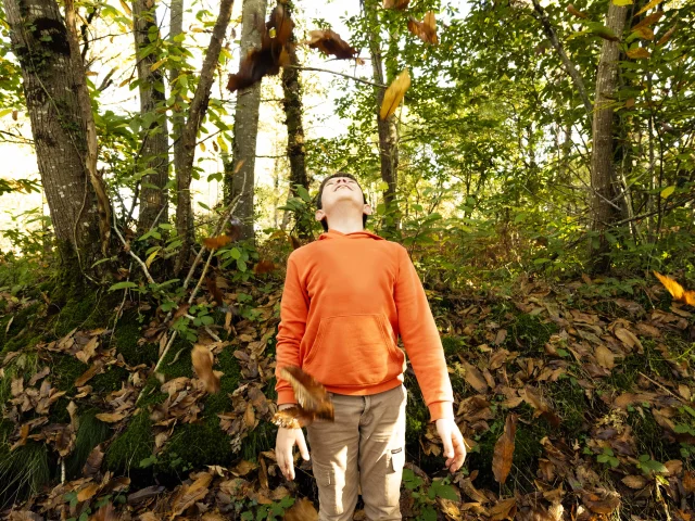 un enfant qui jette des feuilles d'automne