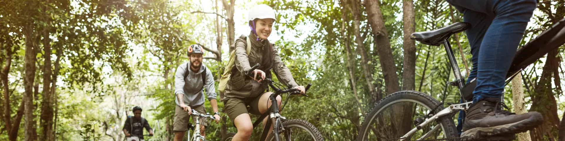 Group Friends Ride Mountain Bike Forest Together 1
