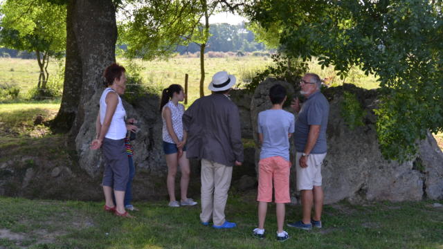 Touristes en visite à la Pierre Cochée à Droué