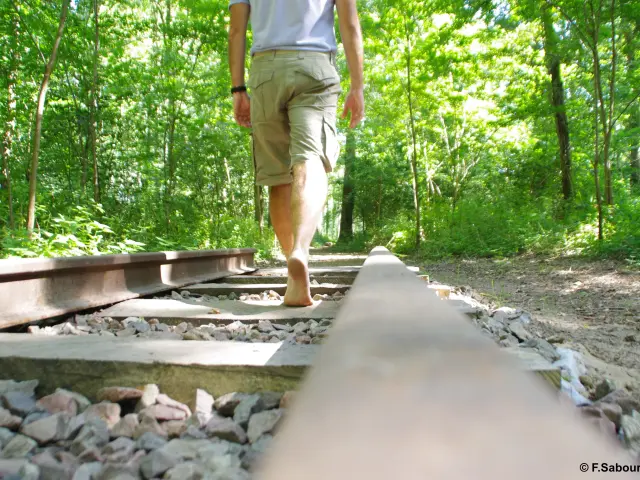 Une personne de dos (on ne vois que du bassin au pied) sir un sentier pied nu dans la nature