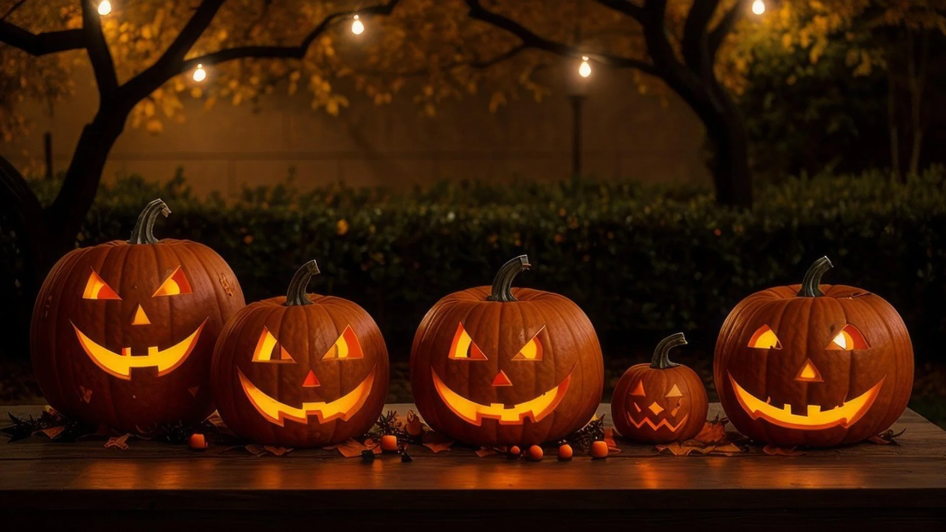 Citrouilles illuminées et décorées pour Halloween de nuit avec en fond une haie