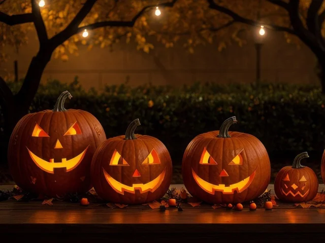 Citrouilles illuminées et décorées pour Halloween de nuit avec en fond une haie