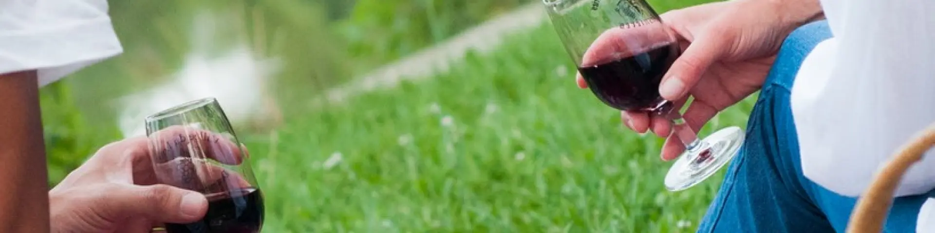 Zoom sur les mains de personnes assis sur le bord de l'eau avec des verres de vin à la main