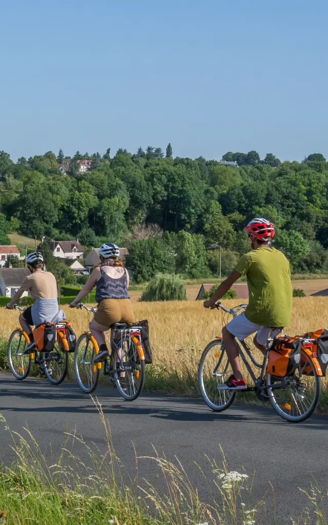 3 cyclos sur la route avec champs sur les cotés et village en fond