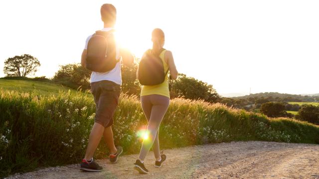 Portrait d'un jeune couple de randonneurs heureux en train de marcher of Happy Young couple on the field in spring