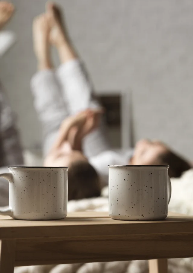 Coffee Cups Table With Couple Bed