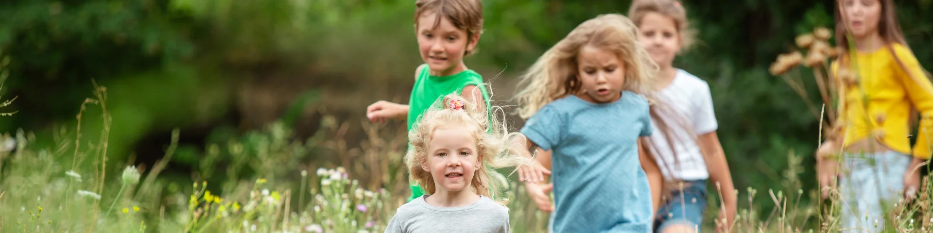 Kids Children Running Green Meadow