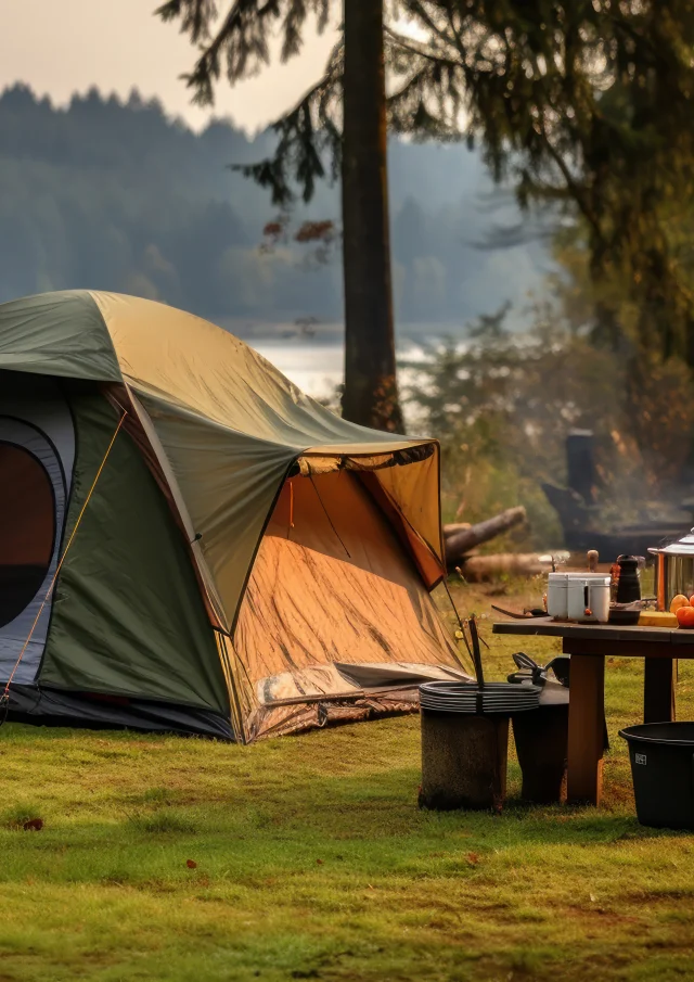 Tent set up with cooking pots on the ground for camping