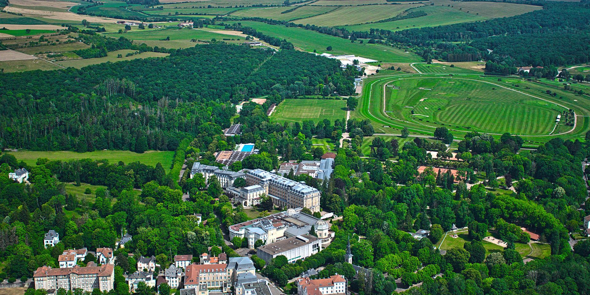 Aerial view of the Palais Des Congrès and the immense Parc de Vittel